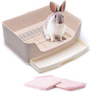 Large Rabbit Litter Box (16" x 11.8" x 6.3") with 4 Pet Toilet Training Pads